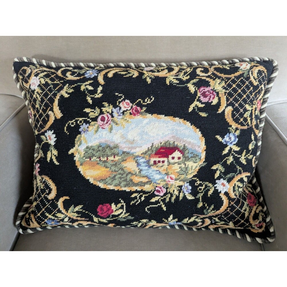 Vintage Needlepoint Pillow Down Fill Wool Embroidery Cottage Floral Scene 16x22